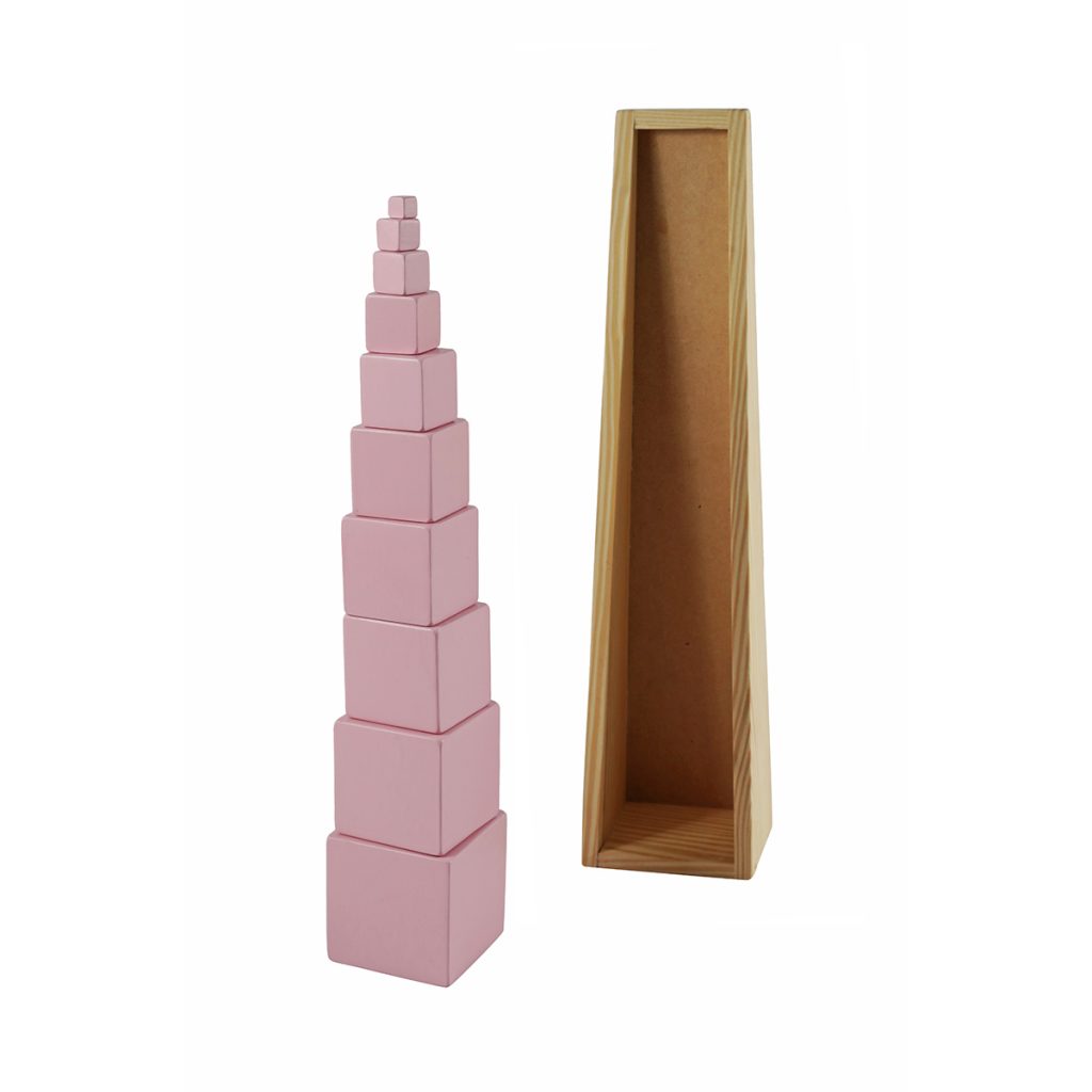 montessori pink tower image with its wooden box cover