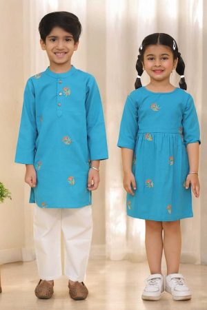 Sea Green Embroidered Sibling Set Kurta Pajama for Boys & Frock for Girls