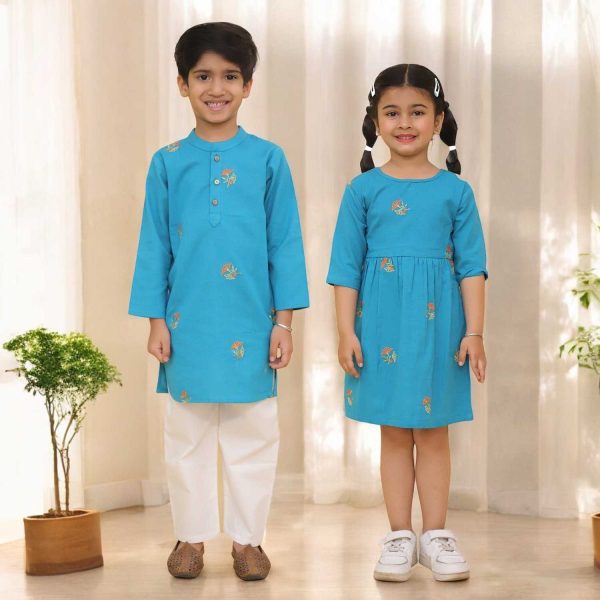 Sea Green Embroidered Sibling Set Kurta Pajama for Boys & Frock for Girls