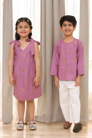 Purple Embroidered Sibling Set Kurta Pajama for Boys & Frock for Girls