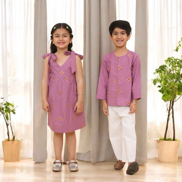 Purple Embroidered Sibling Set Kurta Pajama for Boys & Frock for Girls