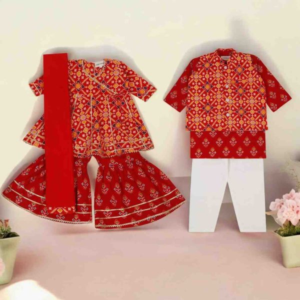 Red Bandhani Sibling Set