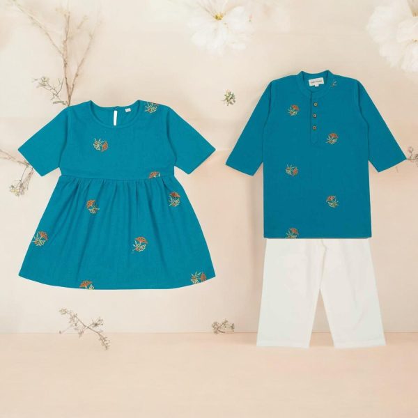 Sea Green Embroidered Sibling Set