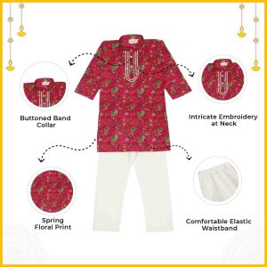 Boys Red Floral Kurta Pajama