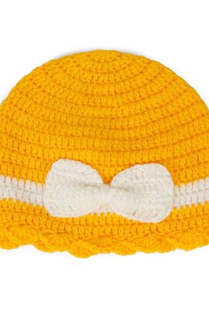 Yellow Woollen Cap With White Bow