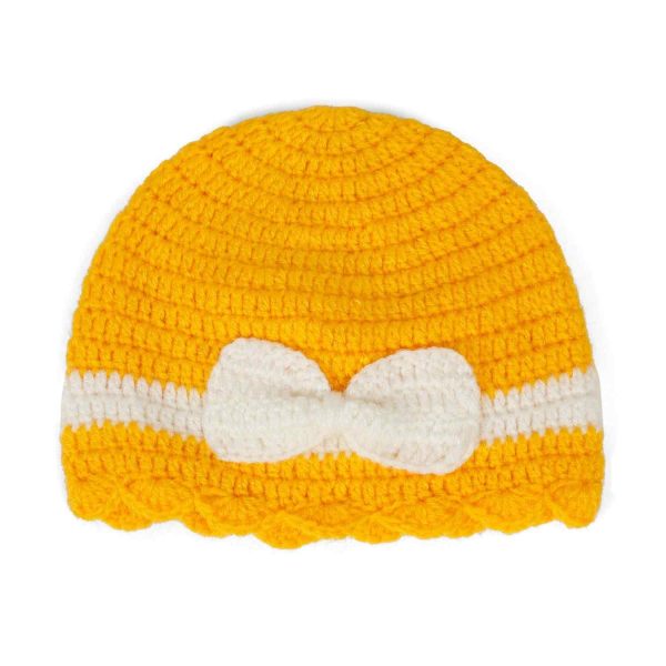 Yellow Woollen Cap With White Bow