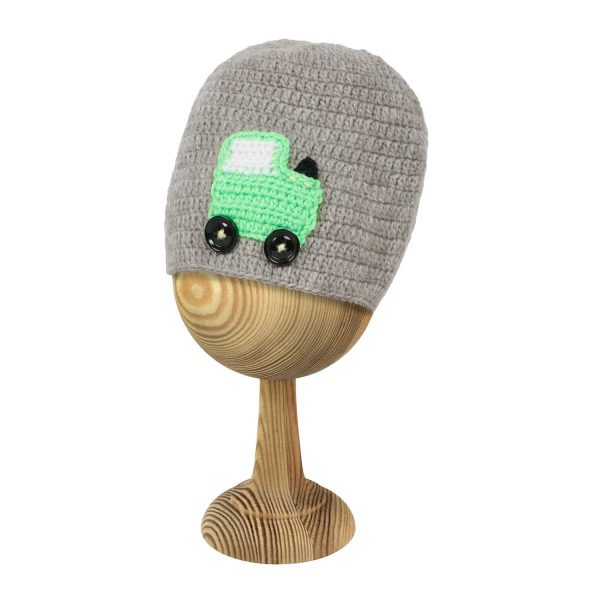 Grey Woollen Cap With Car Embroidery