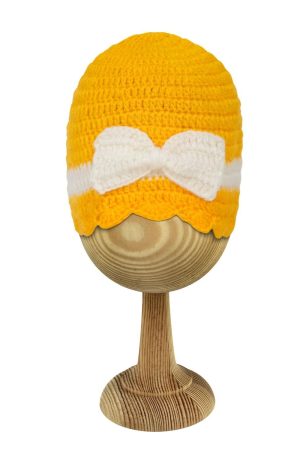 Yellow Woollen Cap With White Bow