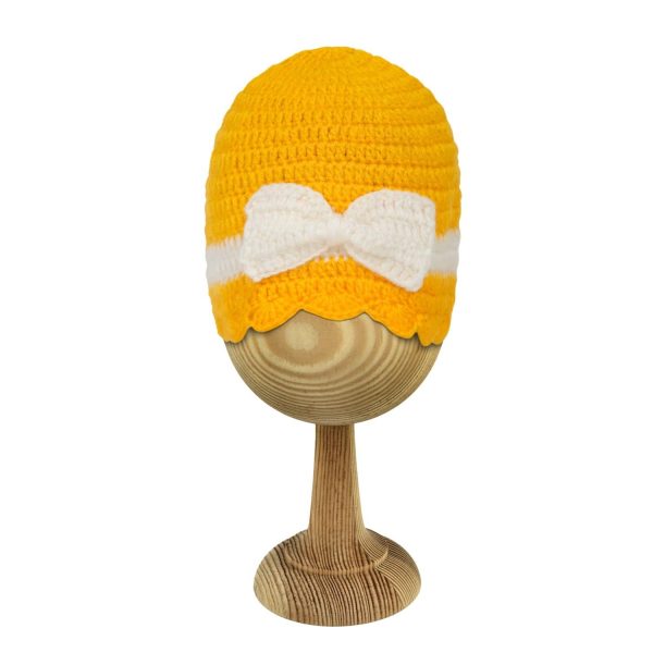 Yellow Woollen Cap With White Bow