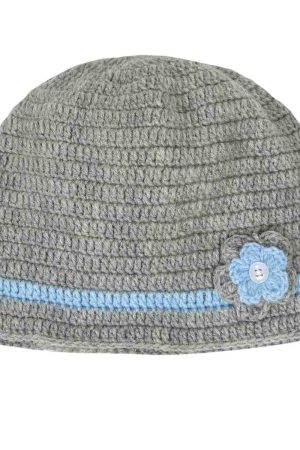 Grey Woollen Cap With Blue Flower