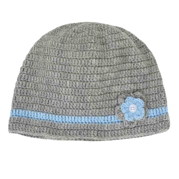 Grey Woollen Cap With Blue Flower