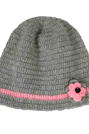 Grey Woollen Cap With Pink Flower