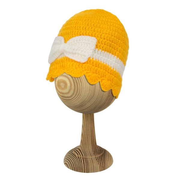 Yellow Woollen Cap With White Bow