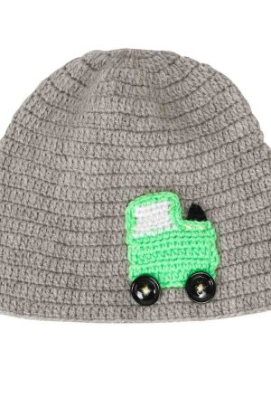 Grey Woollen Cap With Car Embroidery