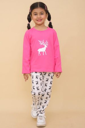 Pink Deer Printed Night Suit