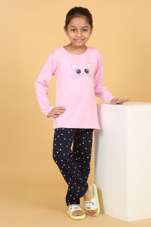 Light Pink Cat Face Printed Night Suit