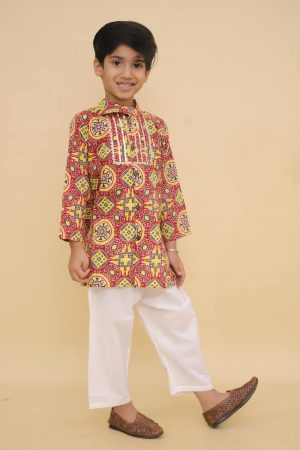Yellow Red Kurta Pajama Set For Boys