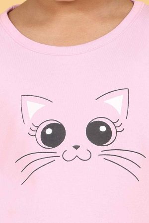Light Pink Cat Face Printed Night Suit
