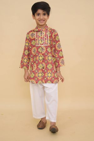Yellow Red Kurta Pajama Set For Boys