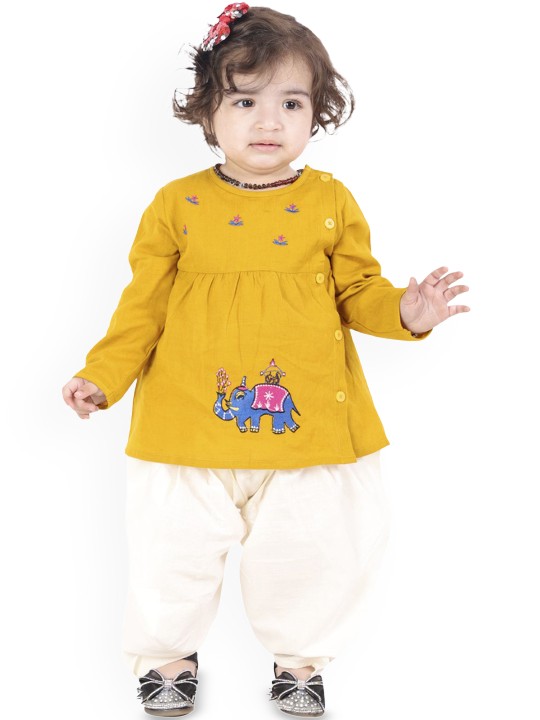 Mustard White Embroidered Dhoti Kurta