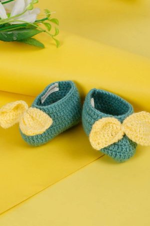 Blue Woollen Booties With White Bow