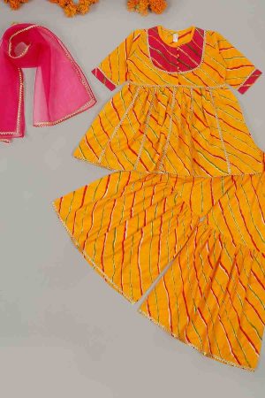 Girls Pink & Yellow Lehriya Sharara Suit