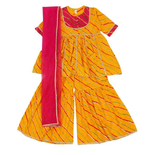 Girls Pink & Yellow Lehriya Sharara Suit