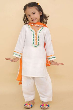 Tricolour Suit Set With Orange Dupatta