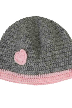 Grey Woollen Cap With Pink Heart