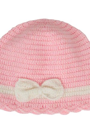 Pink Woollen Cap With White Bow