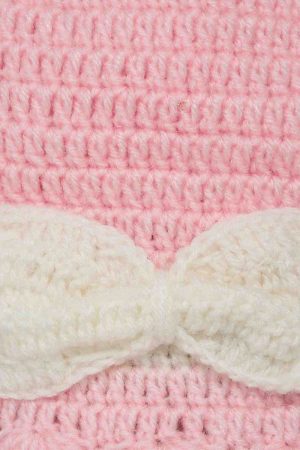 Pink Woollen Cap With White Bow