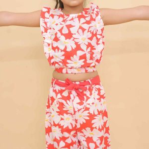 Red Flower Print Crop Top and Pants with Belt