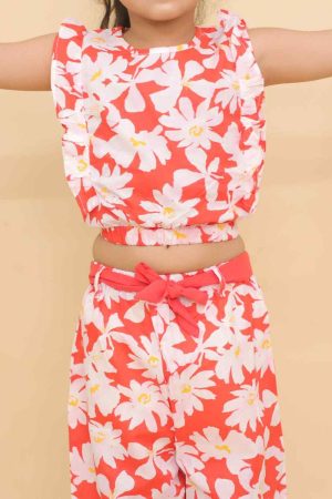 Red Flower Print Crop Top and Pants with Belt