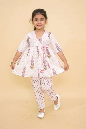 White Floral Angrakha Kurta & Pants