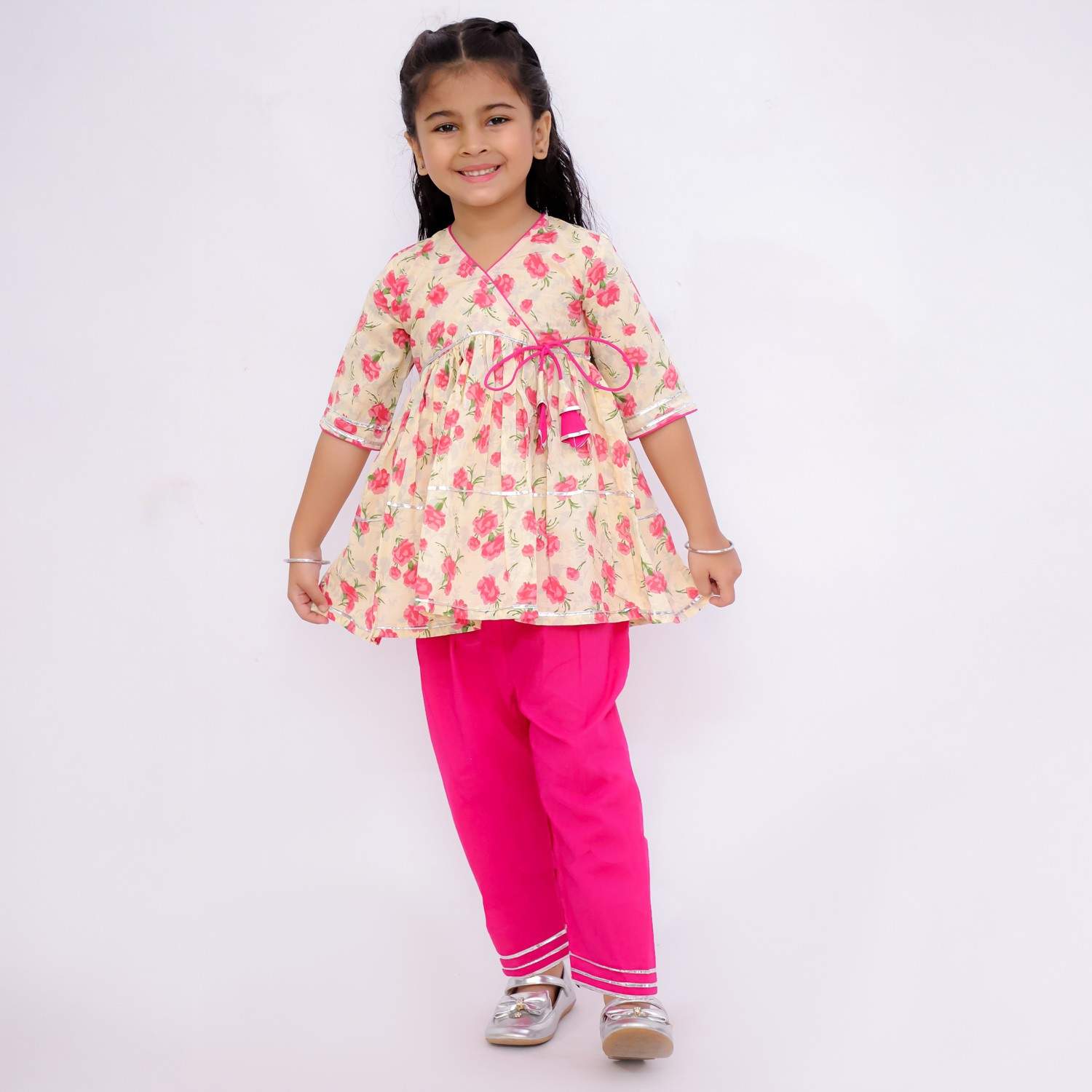 Pink Floral Angrakha Kurta with Pink Pants