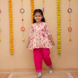 Pink Floral Angrakha Kurta with Pink Pants