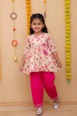 Pink Floral Angrakha Kurta with Pink Pants