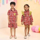 Mehroon Fish Print Short for Boys & Frock for girls Sibling Set