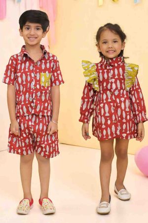 Mehroon Fish Print Short for Boys & Frock for girls Sibling Set