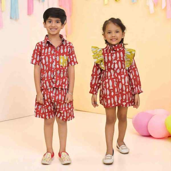 Mehroon Fish Print Short for Boys & Frock for girls Sibling Set