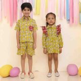 Mustard Fish Print Short Set for Boys & Frock for Girls Sibling Set