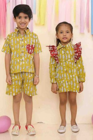 Mustard Fish Print Short Set for Boys & Frock for Girls Sibling Set