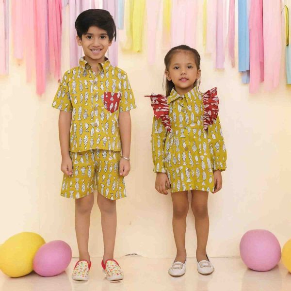 Mustard Fish Print Short Set for Boys & Frock for Girls Sibling Set