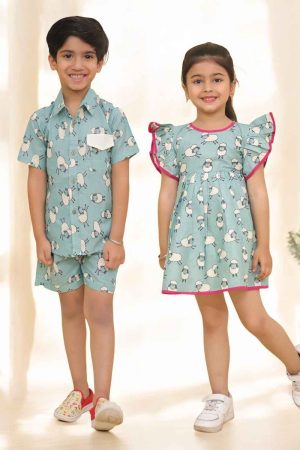 Blue Sheep Print Short Set for Boys & Frock for Girls Sibling Set