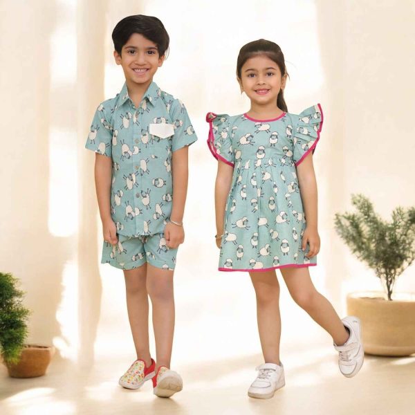 Blue Sheep Print Short Set for Boys & Frock for Girls Sibling Set