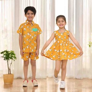 mustard sheep print sibling set