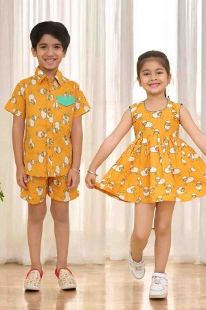 mustard sheep print sibling set