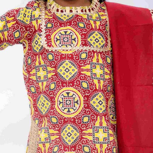Yellow Red Kurta Skirt Set With Dupatta For Girls