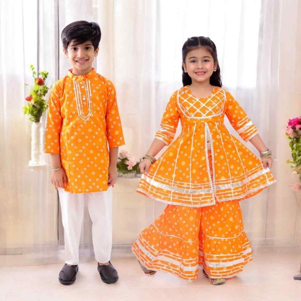 Orange Bandhani Girls Sharara Set & Boys Kurta Pajama