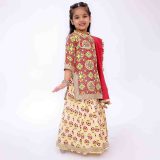Yellow Red Kurta Skirt Set With Dupatta For Girls